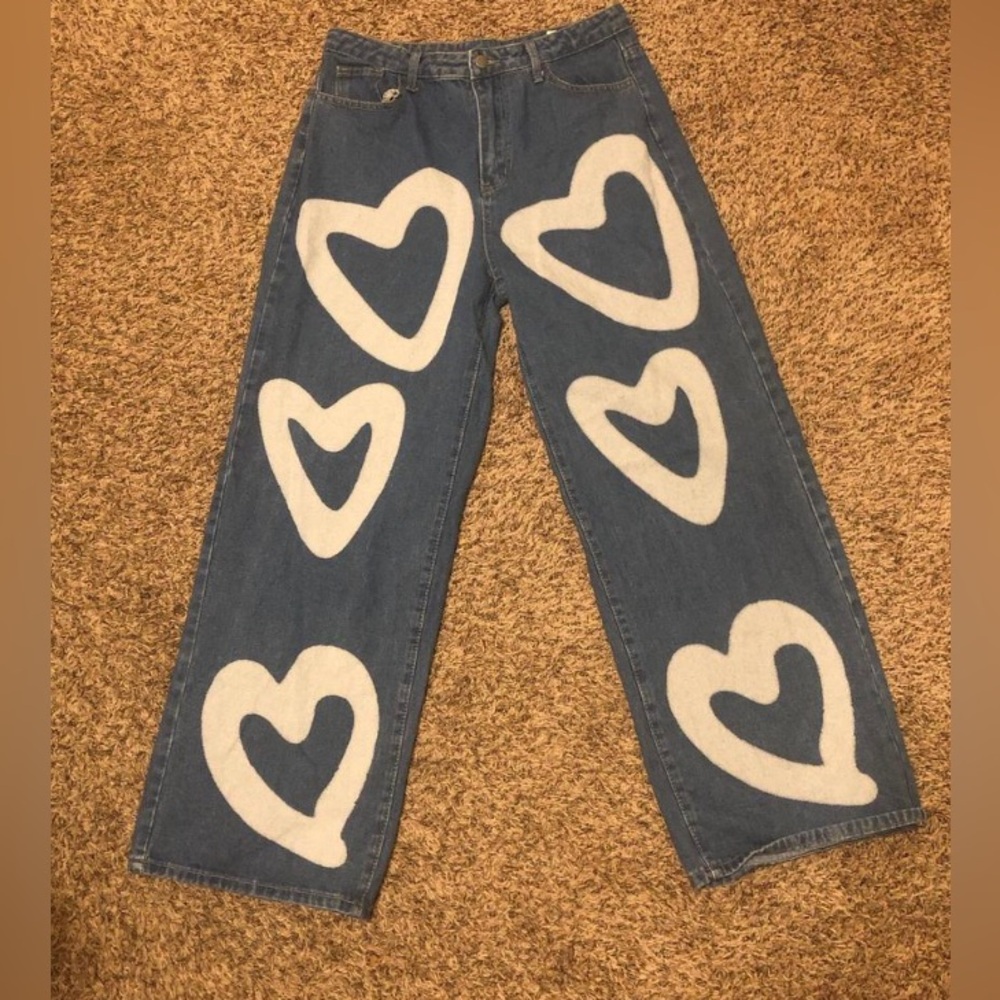 High waisted Heart Print Wide Leg Jeans